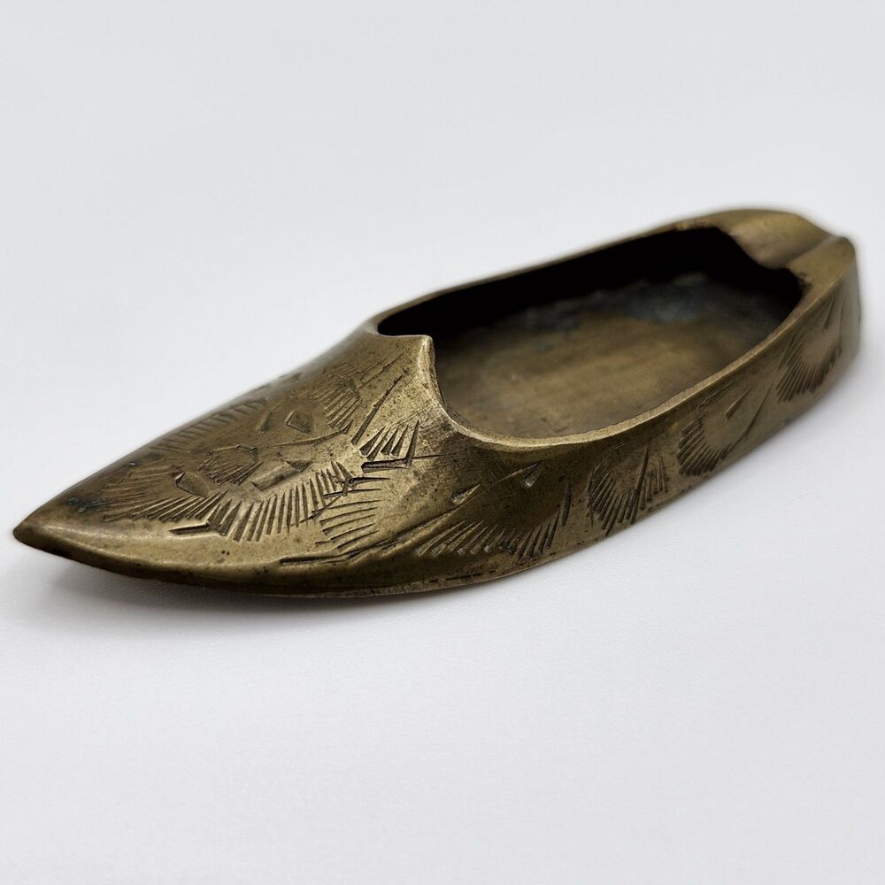 Hand-Etched Brass Slipper Ashtray w/ Cigarette Rest Notch - Made In India